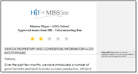 Marissa Mayer, Yahoo, Hit or Miss'ive, Yahoo telecommute ban, Yahoo work from home, CEO expert, leadership expert