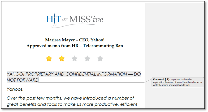 Marissa Mayer, Yahoo, Hit or Miss'ive, Yahoo telecommute ban, Yahoo work from home, CEO expert, leadership expert