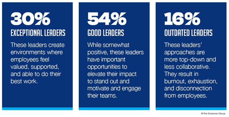 Modern leadership categories - exceptional, good, and outdated leaders